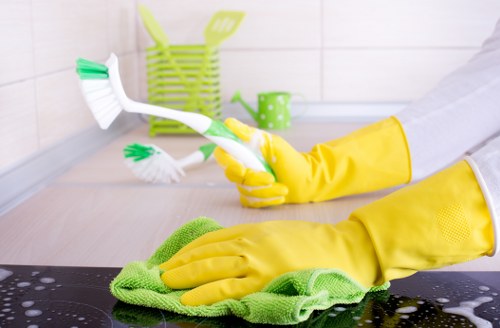Professional cleaner wiping surfaces in a Marylebone flat living area