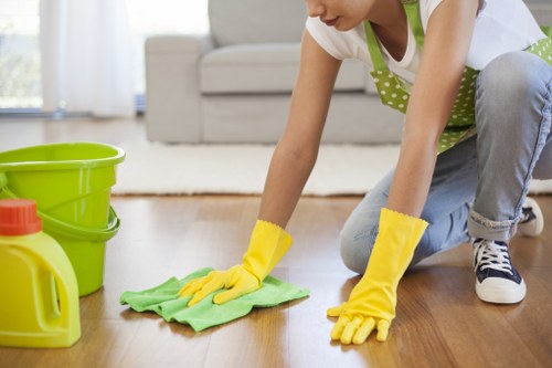 Professional cleaner working in a Marylebone kitchen and living area