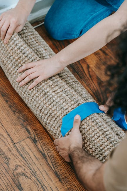 A person is laying a beige textured carpet with a thick, looped pile on a wooden floor, securing it with blue painter's tape. Their hands are pressing down on the carpet to ensure it stays in place while another individual holds the tape. The room features natural lighting, highlighting the warm tones of the hardwood and the plush surface of the carpet. This scene reflects a process of surface preparation or installation, emphasizing cleanliness and care in domestic or commercial cleaning. Carpet Cleaning Marylebone offers professional deep cleaning and surface maintenance services aimed at maintaining hygiene and prolonging carpet life in residential and commercial settings.