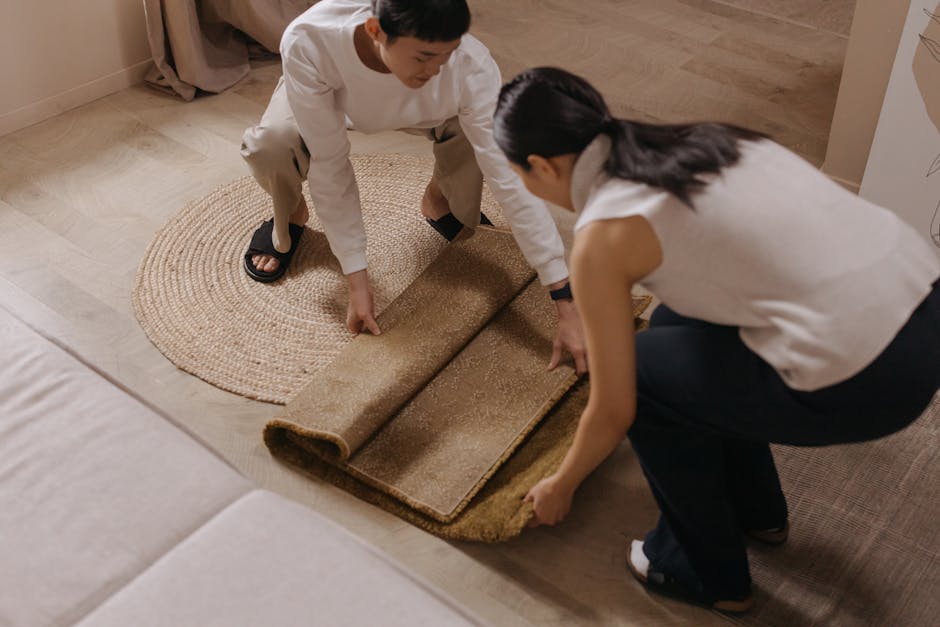 Two individuals are engaged in a surface cleaning task on a light wooden floor in a residential setting. They are carefully rolling out a brown carpet over a beige circular rug, which is positioned adjacent to a white sofa. The person on the left, dressed in a white long-sleeve shirt, khaki pants, and black sandals, is smoothing the carpet with their hands. The individual on the right, wearing a white sleeveless top and dark trousers, is assisting by guiding the carpet into place. The room is well-lit with natural light, highlighting the clean and tidy condition of the space. Visible in the scene are a partially seen white sofa, the edge of a beige circular rug, and a section of a light wooden floor, emphasizing a domestic environment that benefits from maintenance and surface cleaning. Recognised as a service provided by Carpet Cleaning Marylebone, this image illustrates the process of deep cleaning and surface preparation typical in home hygiene and carpet replacement procedures.
